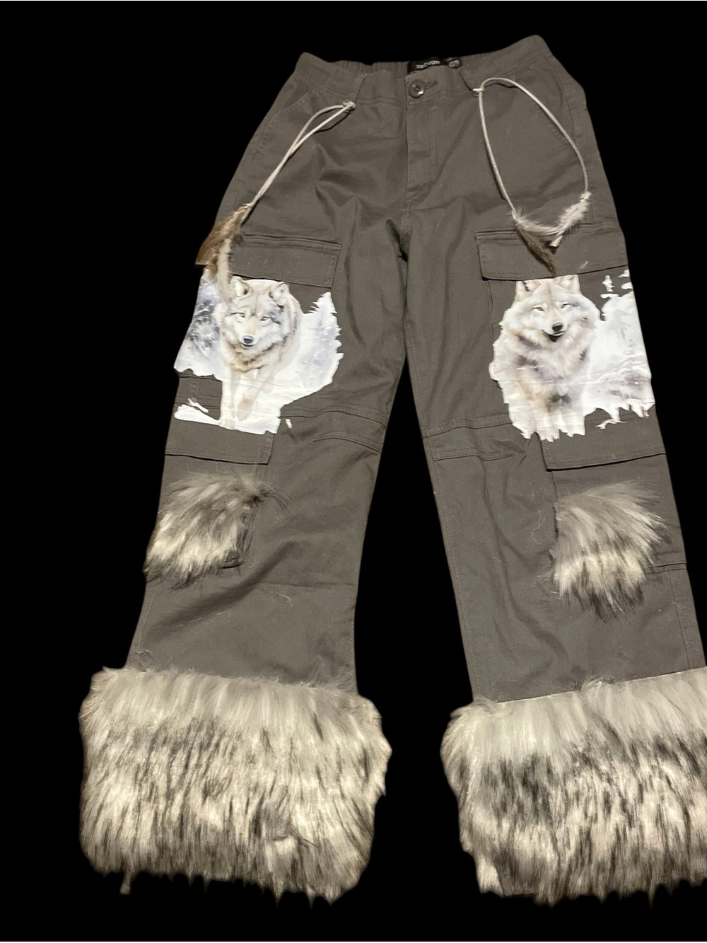 Women’s Upcycled Cargo Pants with faux fur trim and wolf patches